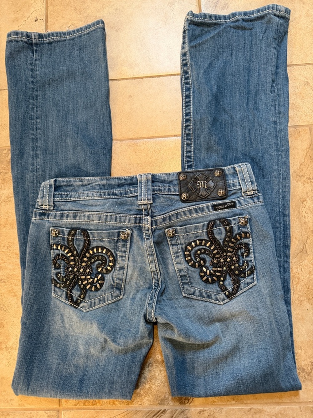 Miss Me Blue Boot Cut Jeans with Embellished Black Back Pockets